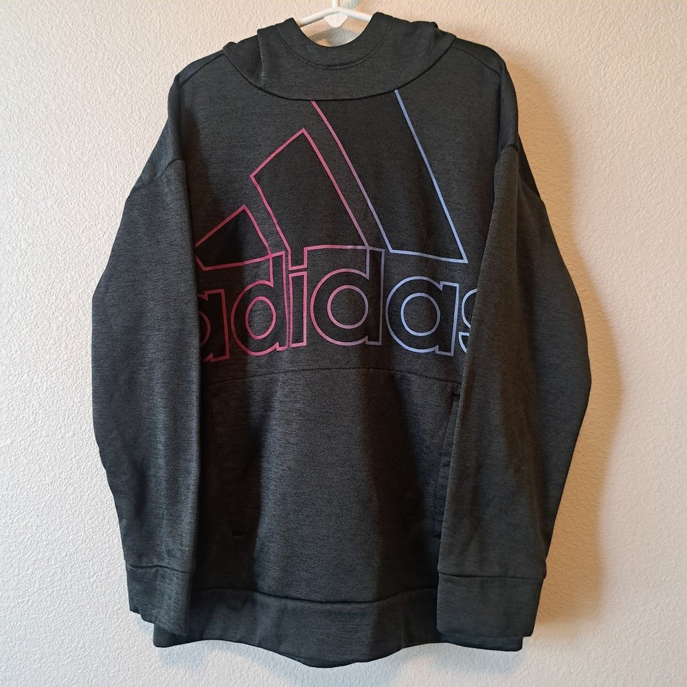 Adidas Girl Hoodie Charcoal Grey Pink Blue Gradient Logo Sweatshirt Size M 10/12 - Picture 1 of 5